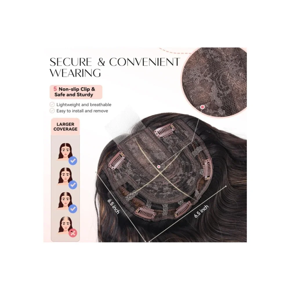 Short Wavy Hair‎ Topper 11in Dark Brown Highlights Synthetic Hairpiece Natural
